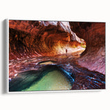Vintage poster art of Zion National Park on framed canvas, featuring a colorful palette, ideal for living room decor.