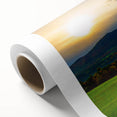 Art deco poster of Vermont scenery in muted green and blue tones on rolled canvas, ideal for nursery wall art.