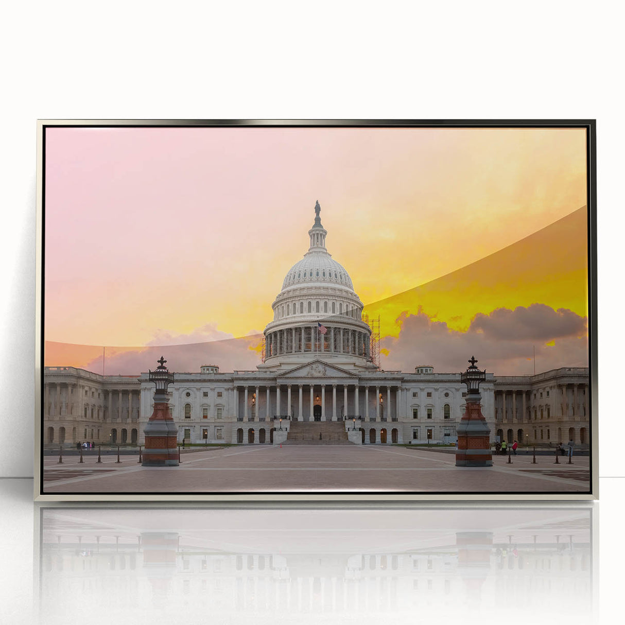 Mid-century modernist art of the Washington DC Capitol in muted gray tones on a silver-framed acrylic print.