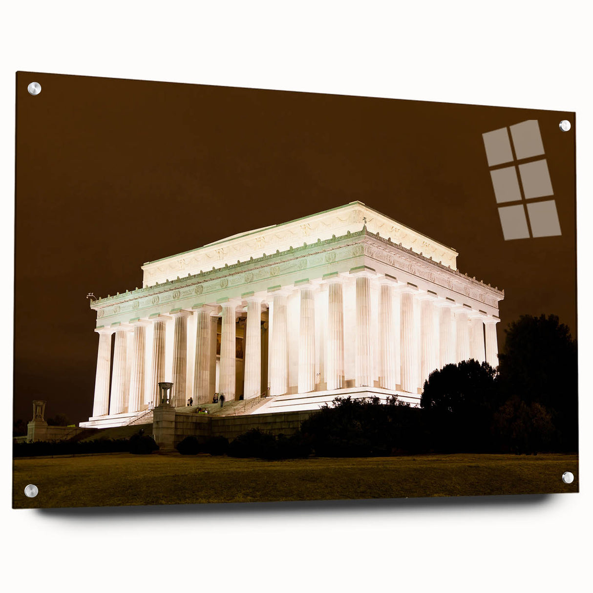 Acrylic print of the Washington DC skyline in muted gray tones, suitable for dining room decor.
