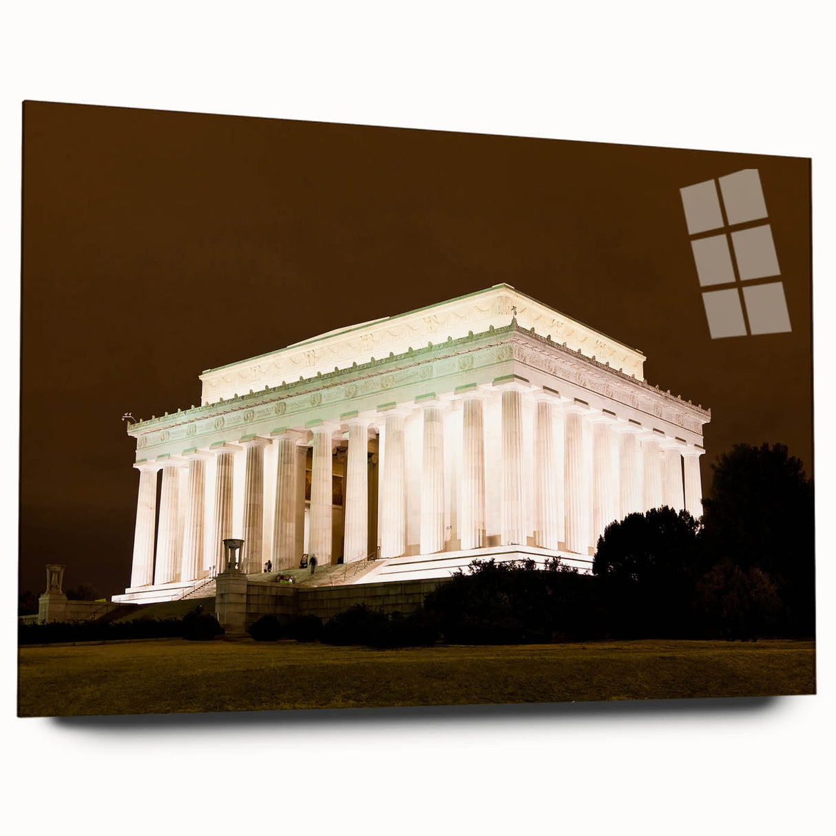 Acrylic print of a large abstract depiction of the Lincoln Memorial in muted earth tones.