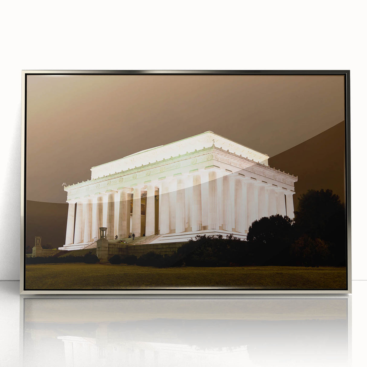 Mid-century modernist art of the Lincoln Memorial in muted gray tones on a silver-framed acrylic print.