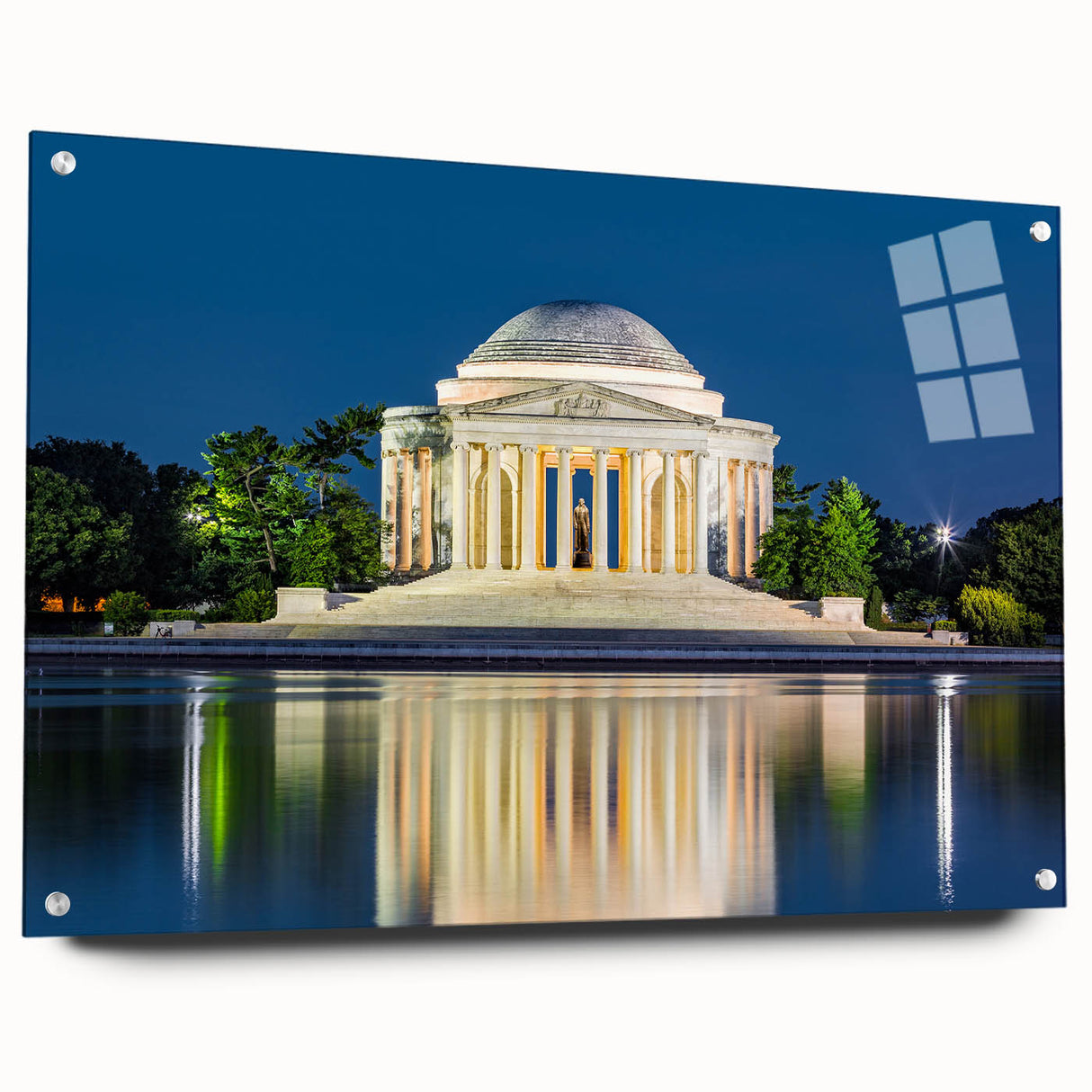 Acrylic print of Washington DC monument in muted gray tones, ideal for dining room decor.