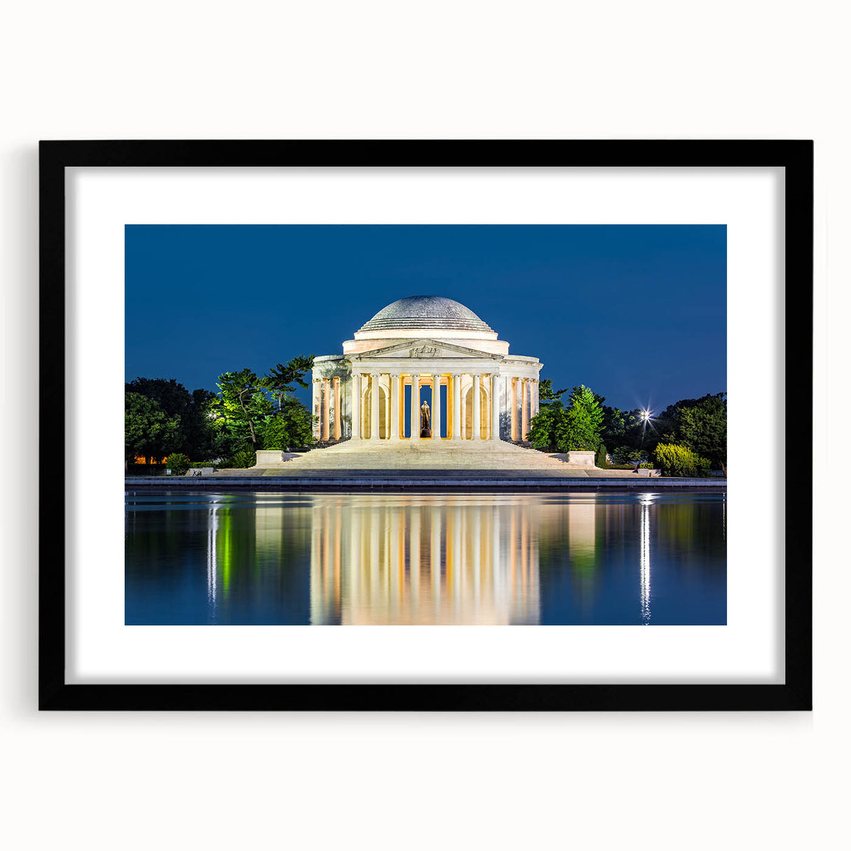 Abstract art print of Washington DC monuments in vibrant colors on a large framed canvas, ideal for living room decor.