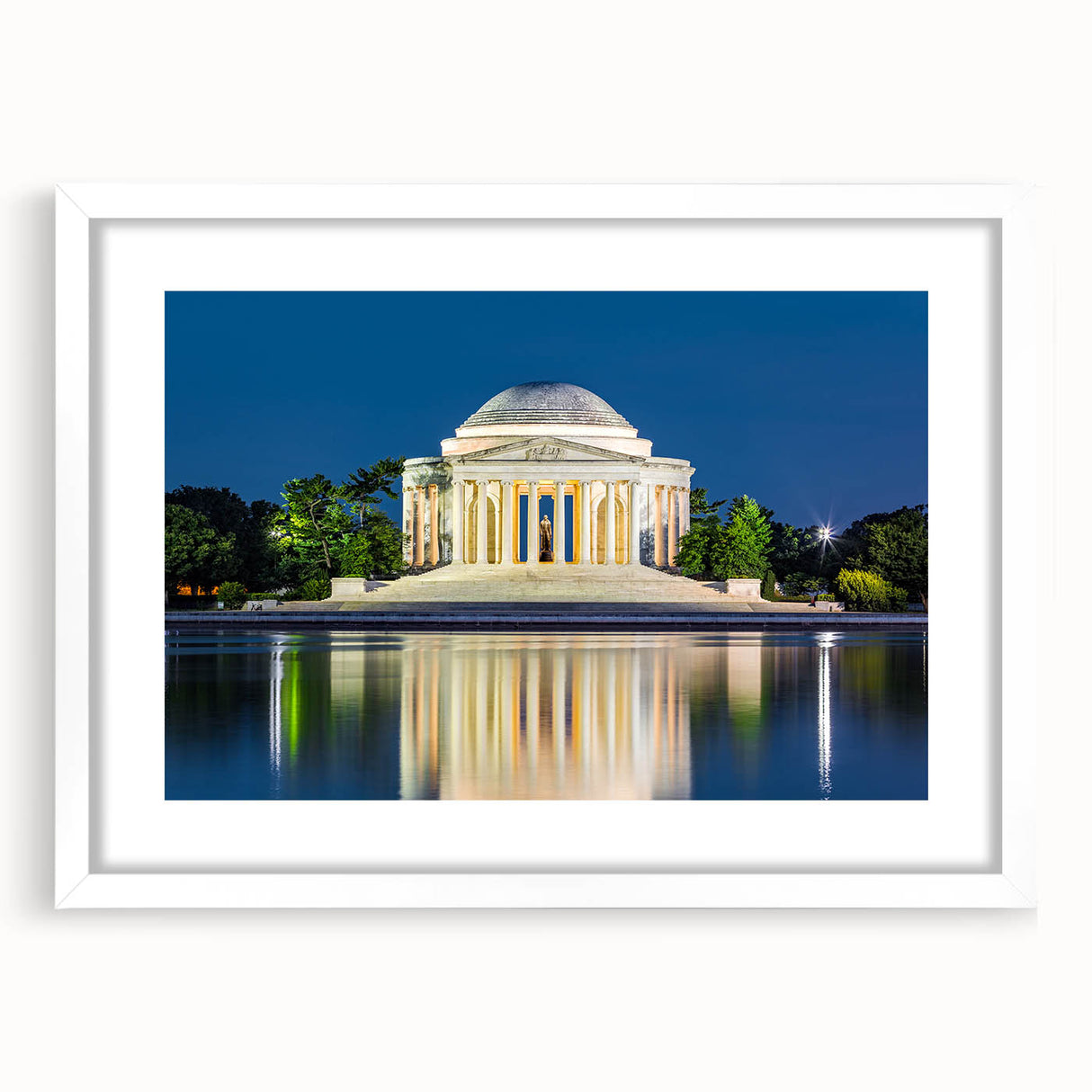 Abstract art print of the Washington DC monument in muted gray and blue tones, framed with a white mat.