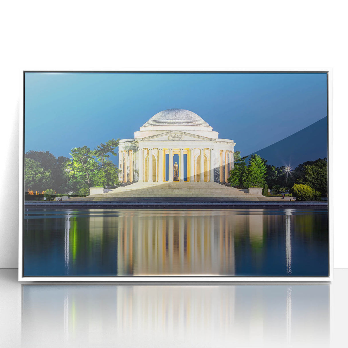 Acrylic print of Washington DC monument in art deco style with white frame, ideal for modern nursery wall art.