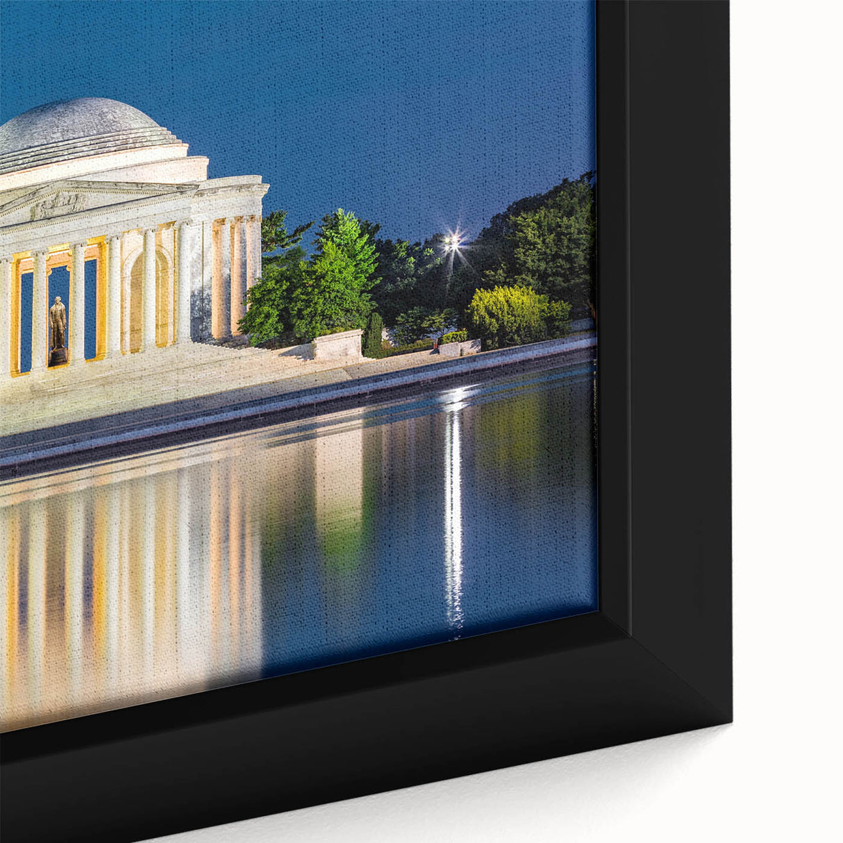 Close-up of a textured black wall art featuring a colorful Washington DC monument scene on a framed canvas.
