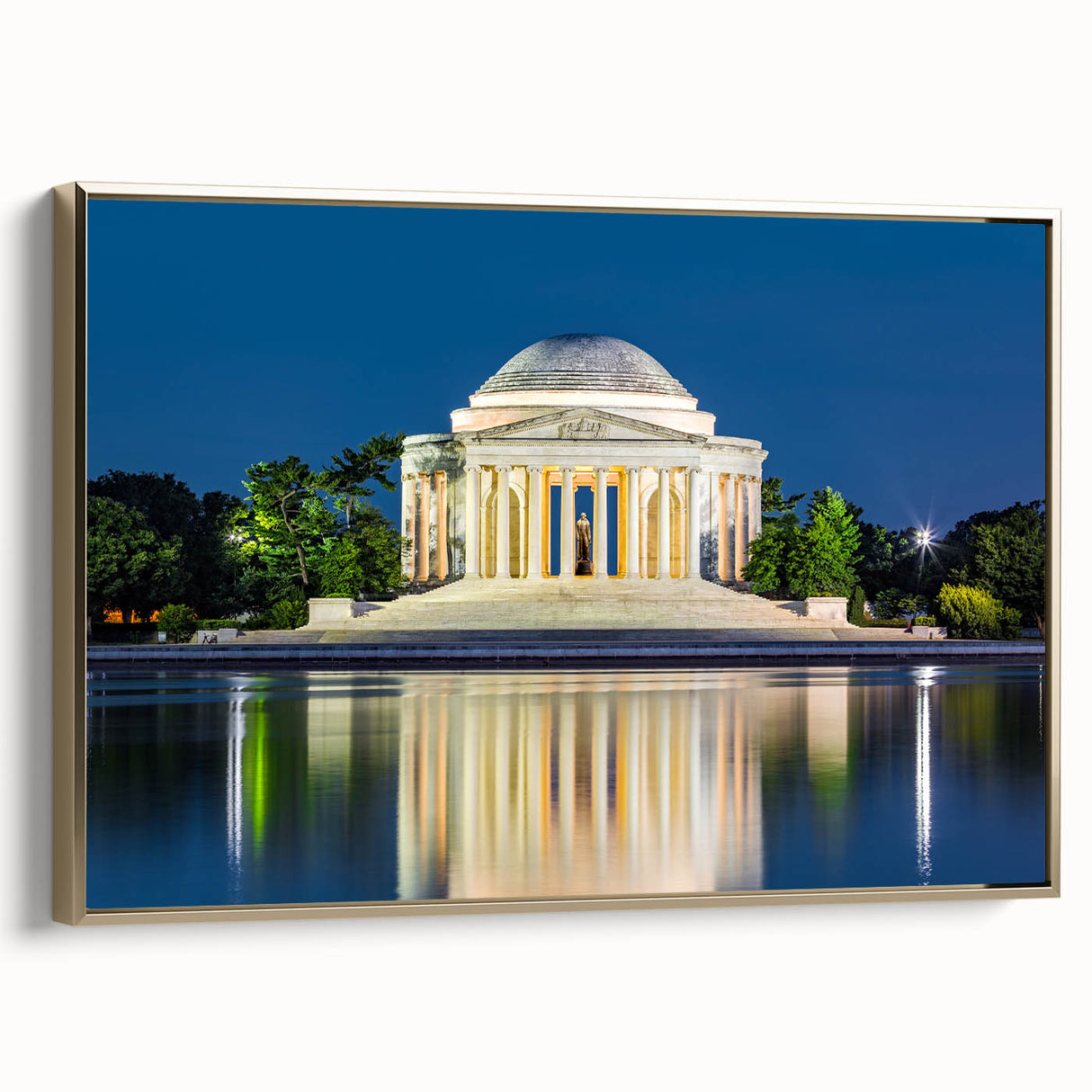 Framed canvas of Washington DC monuments in vintage poster style with gold and black color palette.