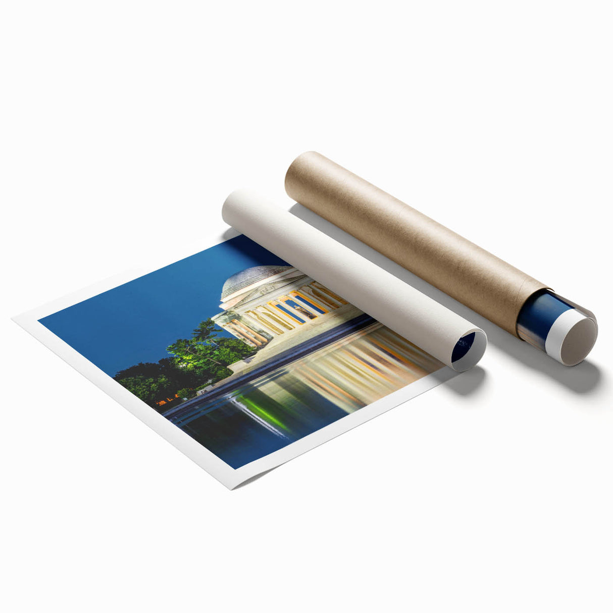 Large rolled print of Washington DC monuments in muted gray tones, suitable for classy bathroom or living room decor.