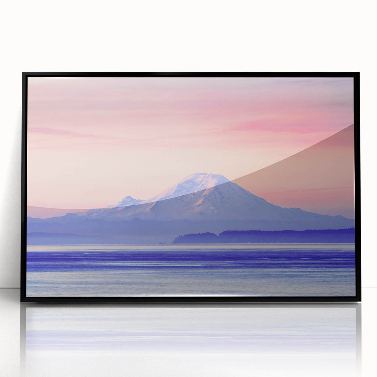 Large abstract wall art of Mount Rainier in muted earth tones on a framed acrylic, suitable for modern living room decor.