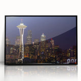 Large abstract wall art of Seattle skyline in muted black and gray tones, acrylic print, framed.