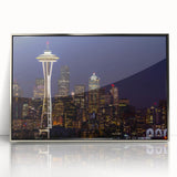 Mid-century modernist Seattle skyline in muted grays and blues on a framed acrylic, suitable for modern art wall decor.