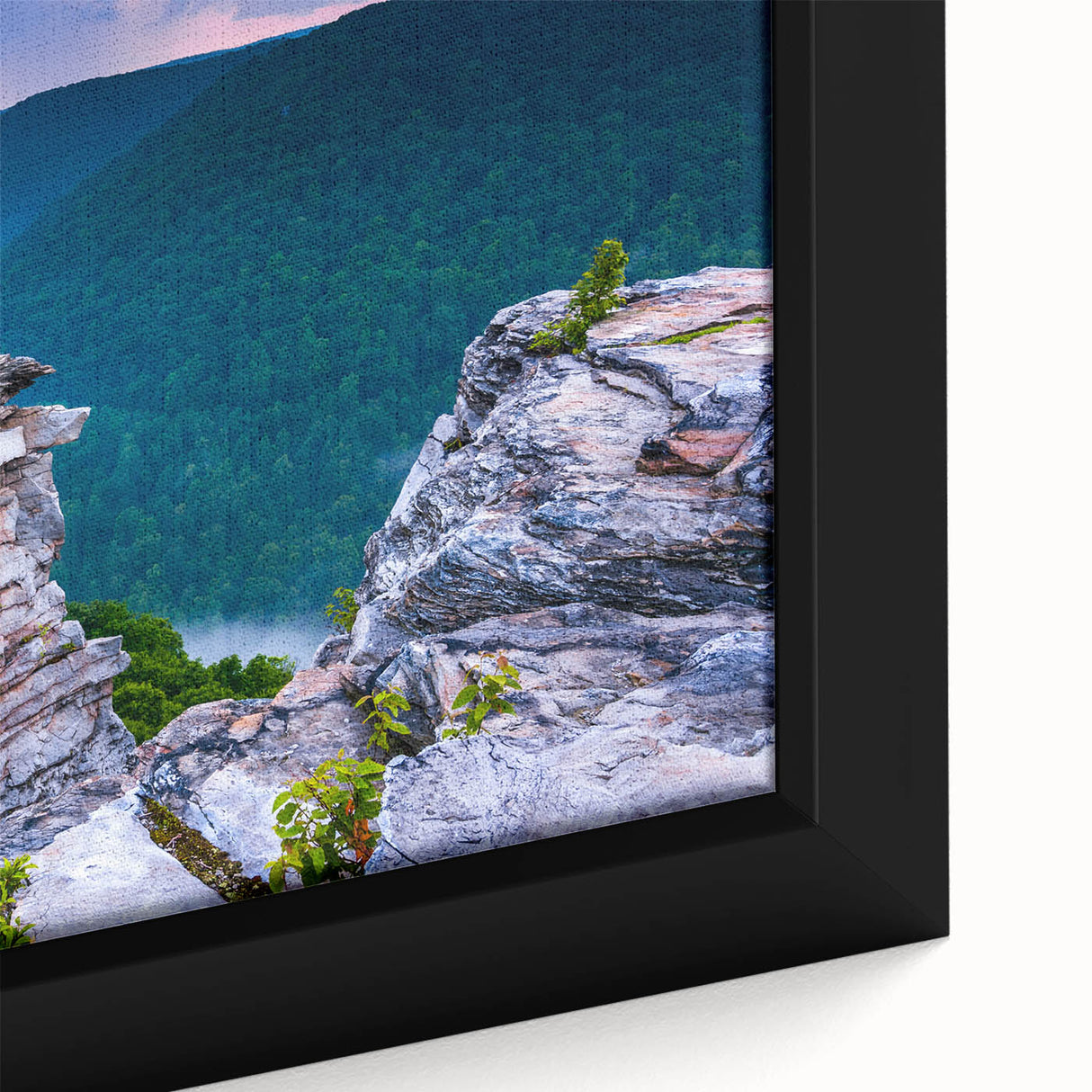 Close-up of a textured, black wall art depicting West Virginia scenery on a framed canvas, ideal for living room decor.