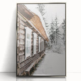 Mid-century modernist winter scene in muted blue and white tones on a framed acrylic, suitable for nursery wall art.
