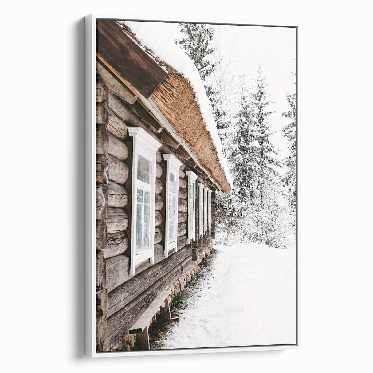 Vintage poster art of a winter scene on framed canvas, featuring muted blue and white tones, ideal for living room decor.