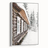 Vintage poster art of a winter scene on framed canvas, featuring muted blue and white tones, ideal for living room decor.