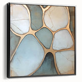 Abstract geometric framed canvas artwork with black accents, showcasing a modern design from a side view, ideal for contemporary home decor.