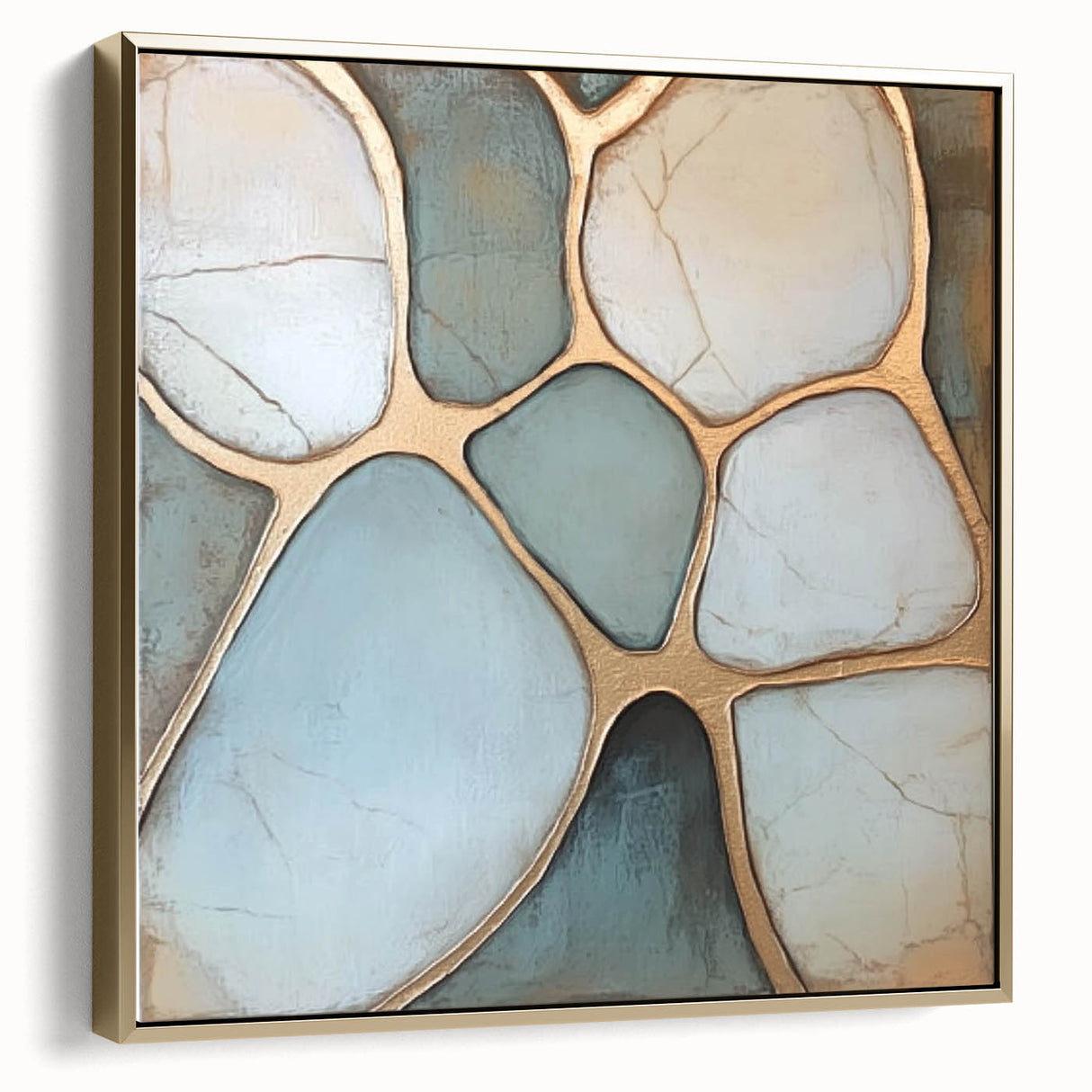 Abstract geometric framed canvas artwork in silver and gold tones, showcasing modern design elements, perfect for contemporary home decor. Ideal for adding elegance to living spaces.
