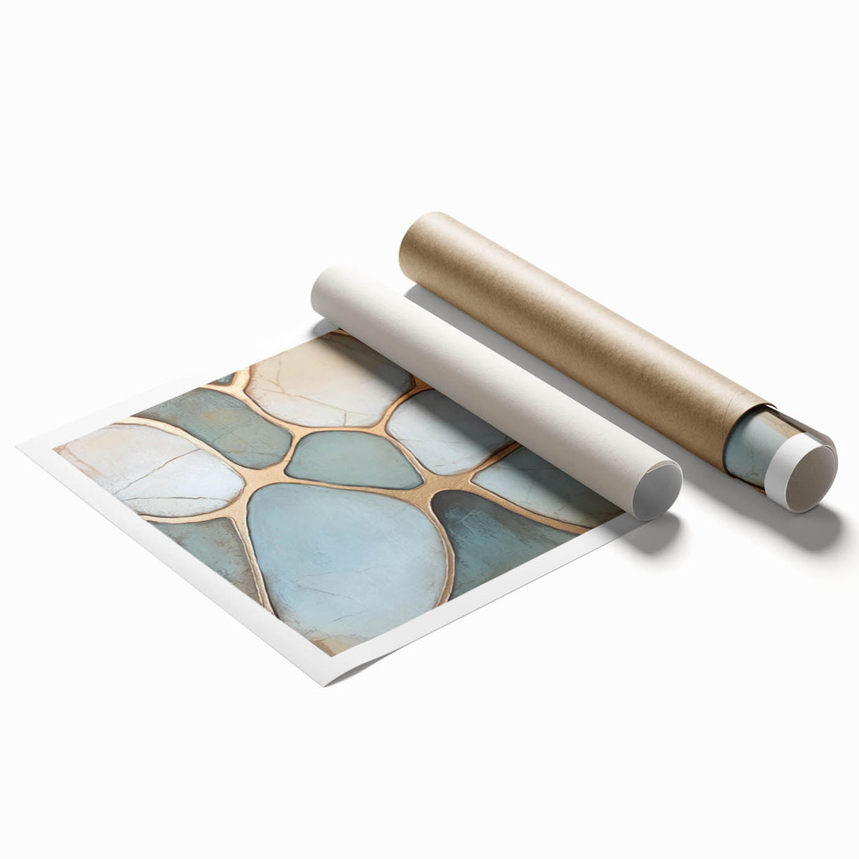 Abstract geometric rolled print showcasing vibrant colors and intricate shapes, designed to enhance contemporary decor. Perfect for art lovers seeking modern wall art options.