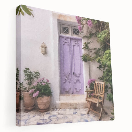 Side view of a stretched canvas featuring a Greek architecture door design in earth tones, suitable for kitchen wall art.