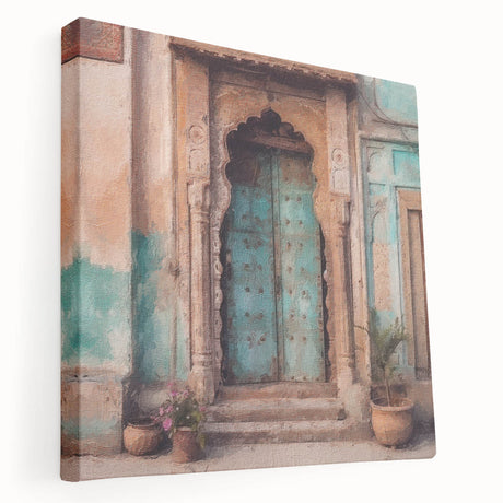 Large art depicting an Indian architecture door in muted earth tones on stretched canvas, ideal for kitchen wall art.