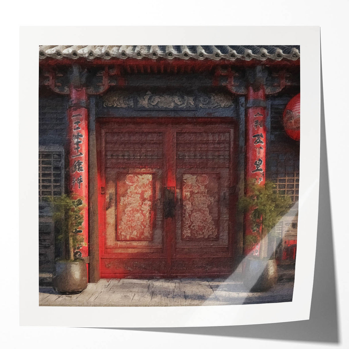 Japanese-style door depicted in muted earth tones on a glossy photo print.