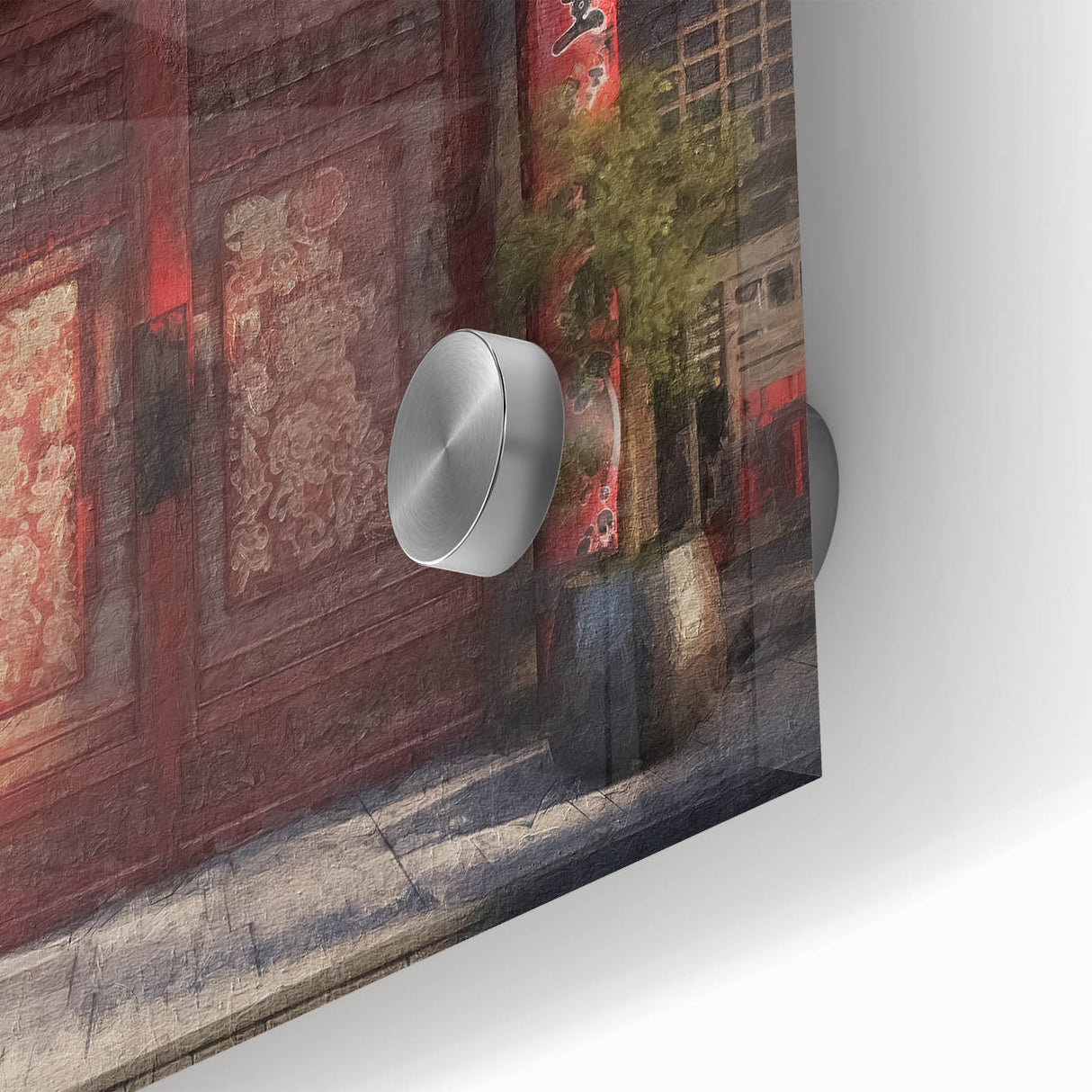 Mid-century modernist large abstract wall art on acrylic glass featuring a close-up of a Japanese door.