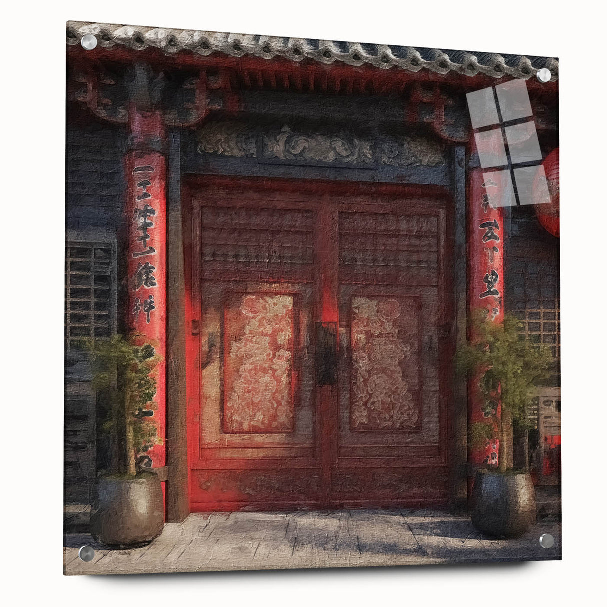 Large abstract wall art featuring a Japanese door design in muted colors on acrylic glass.