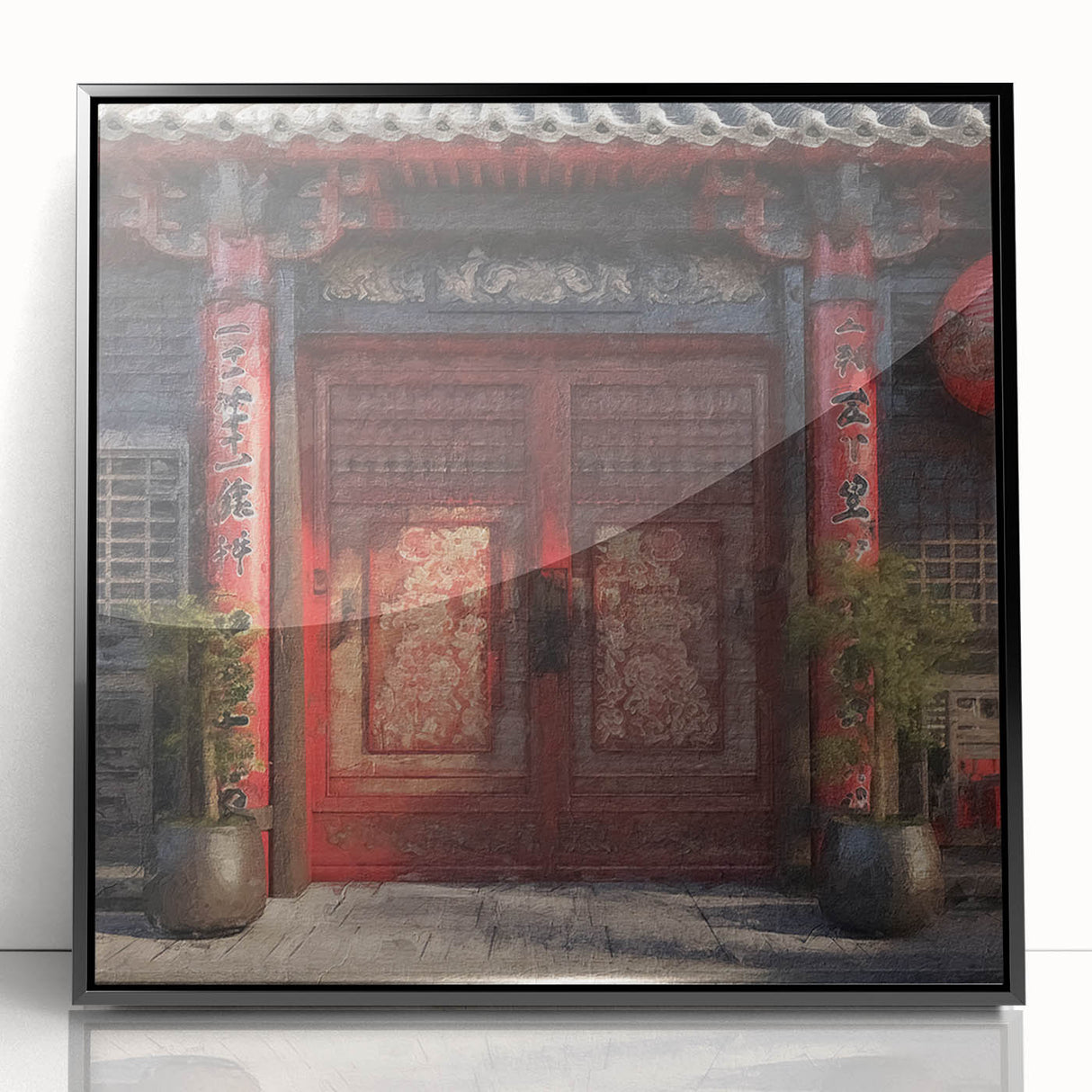 Large abstract wall art featuring a mid-century modernist black and white Japanese door design on framed acrylic.