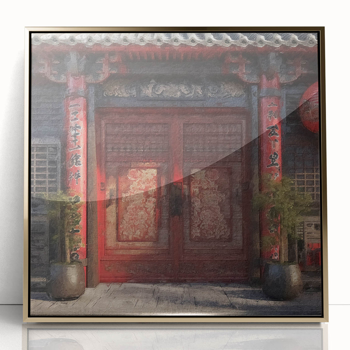 Mid-century modernist large art print of a Japanese door in gold, acrylic framed, ideal for modern art wall decor.