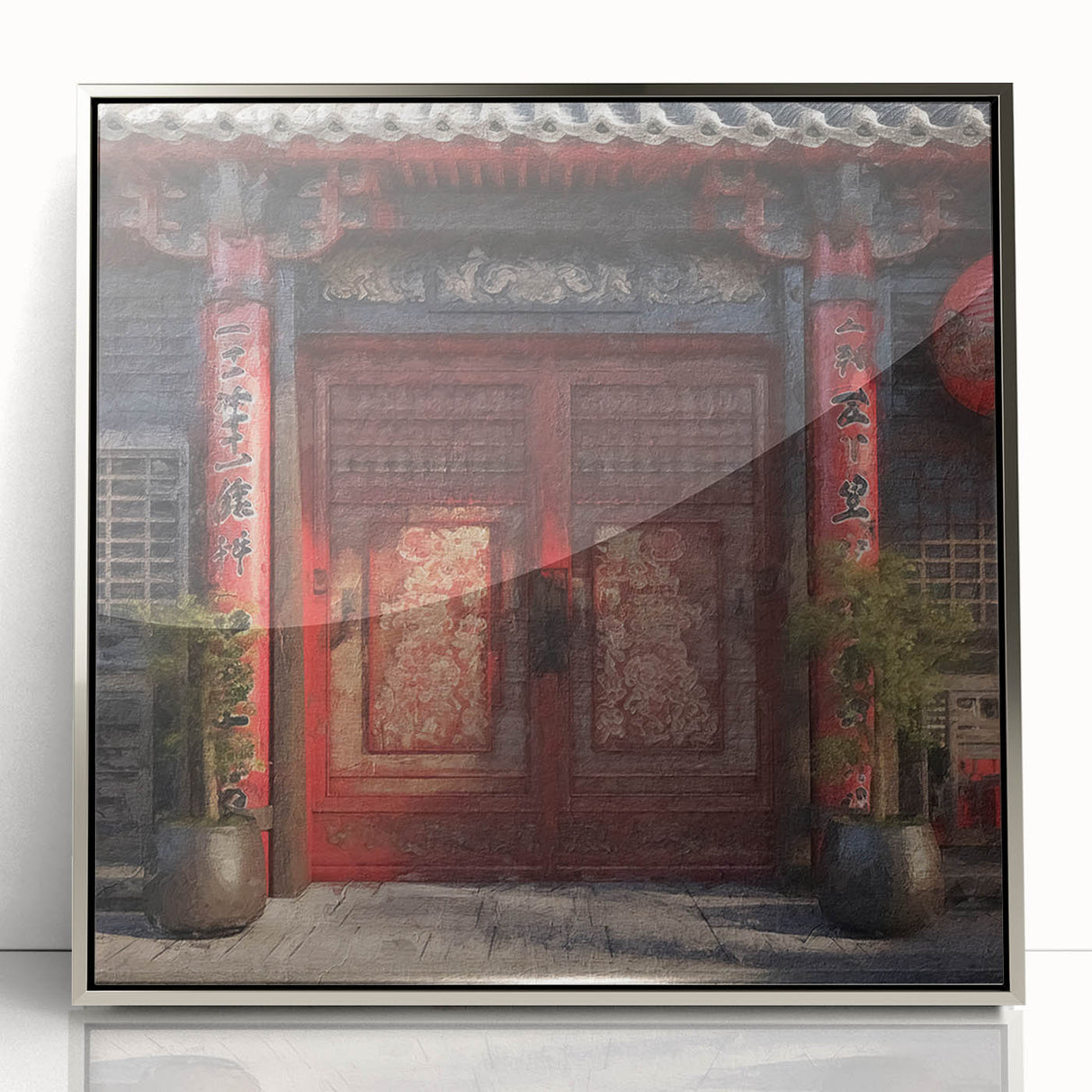 Mid-century modernist art of a Japanese door in muted earth tones, framed acrylic, ideal for nursery wall decor.