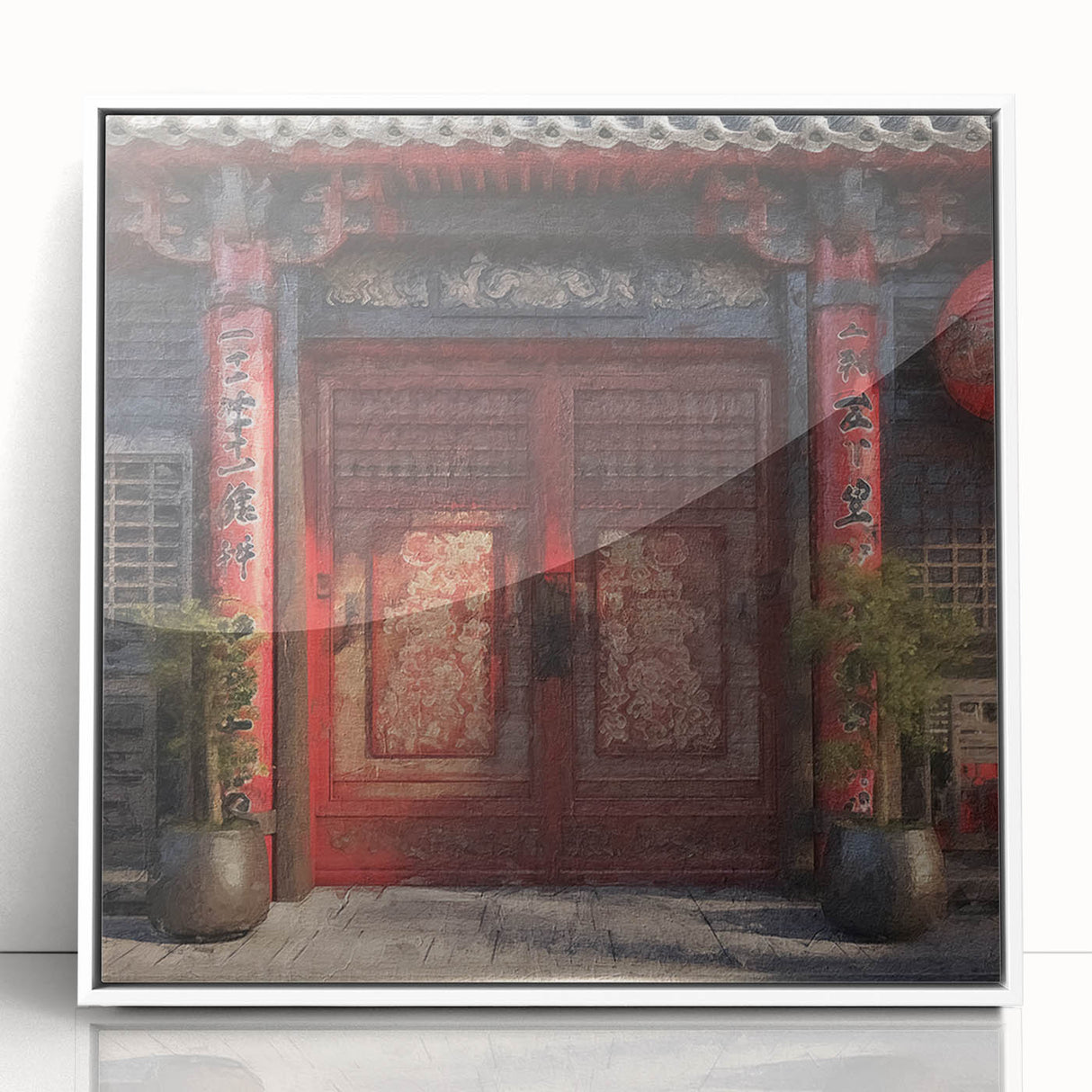 Art deco poster of a Japanese door design in muted gray and white tones on framed acrylic.