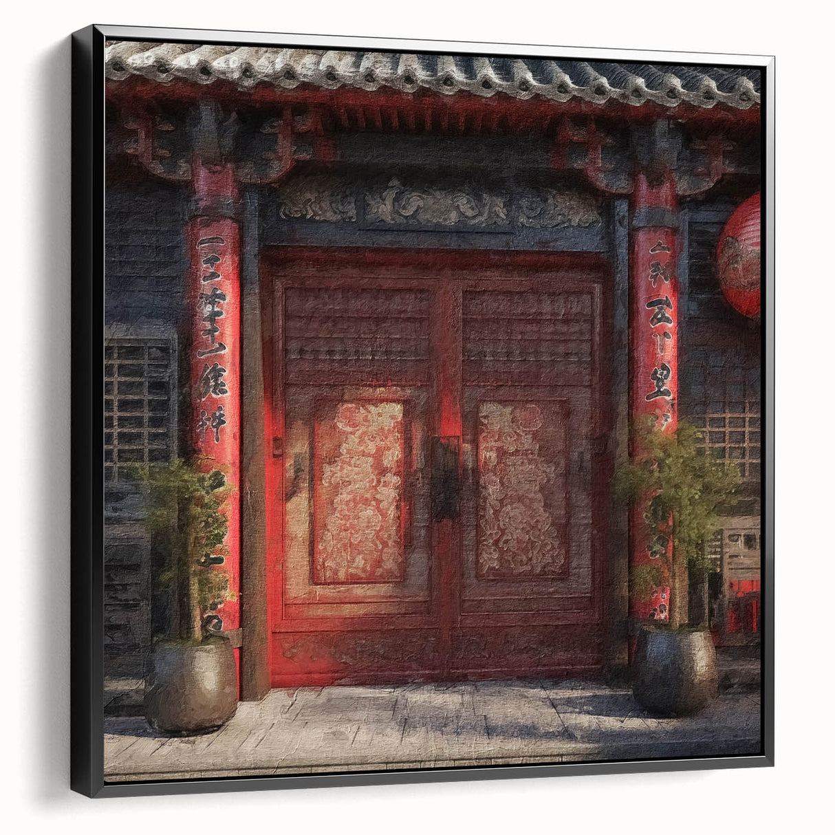 Black and white vintage poster art of a Japanese door on framed canvas, suitable for bedroom wall decor.