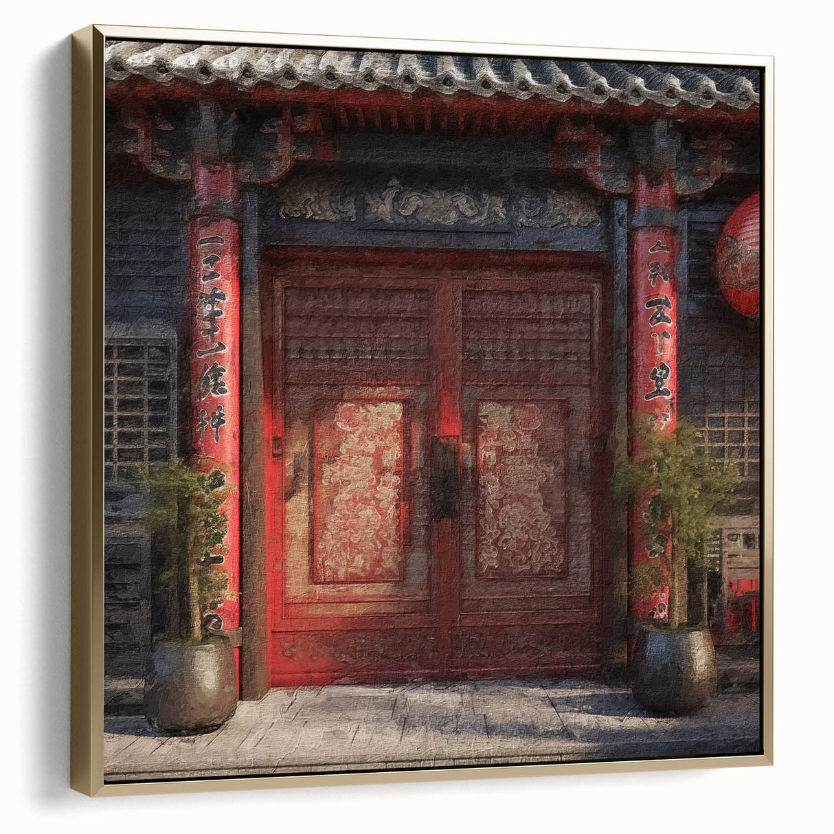 Framed canvas wall art featuring a vintage Japanese door design in silver and gold, ideal for bedroom ambiance.