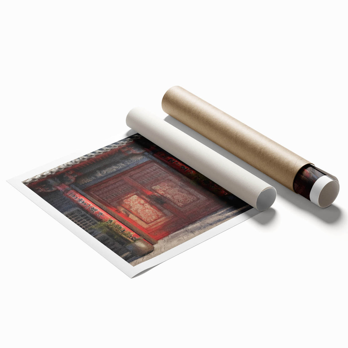 Extra large rolled print of a Japanese door in muted earth tones, suitable for classy bathroom wall art.