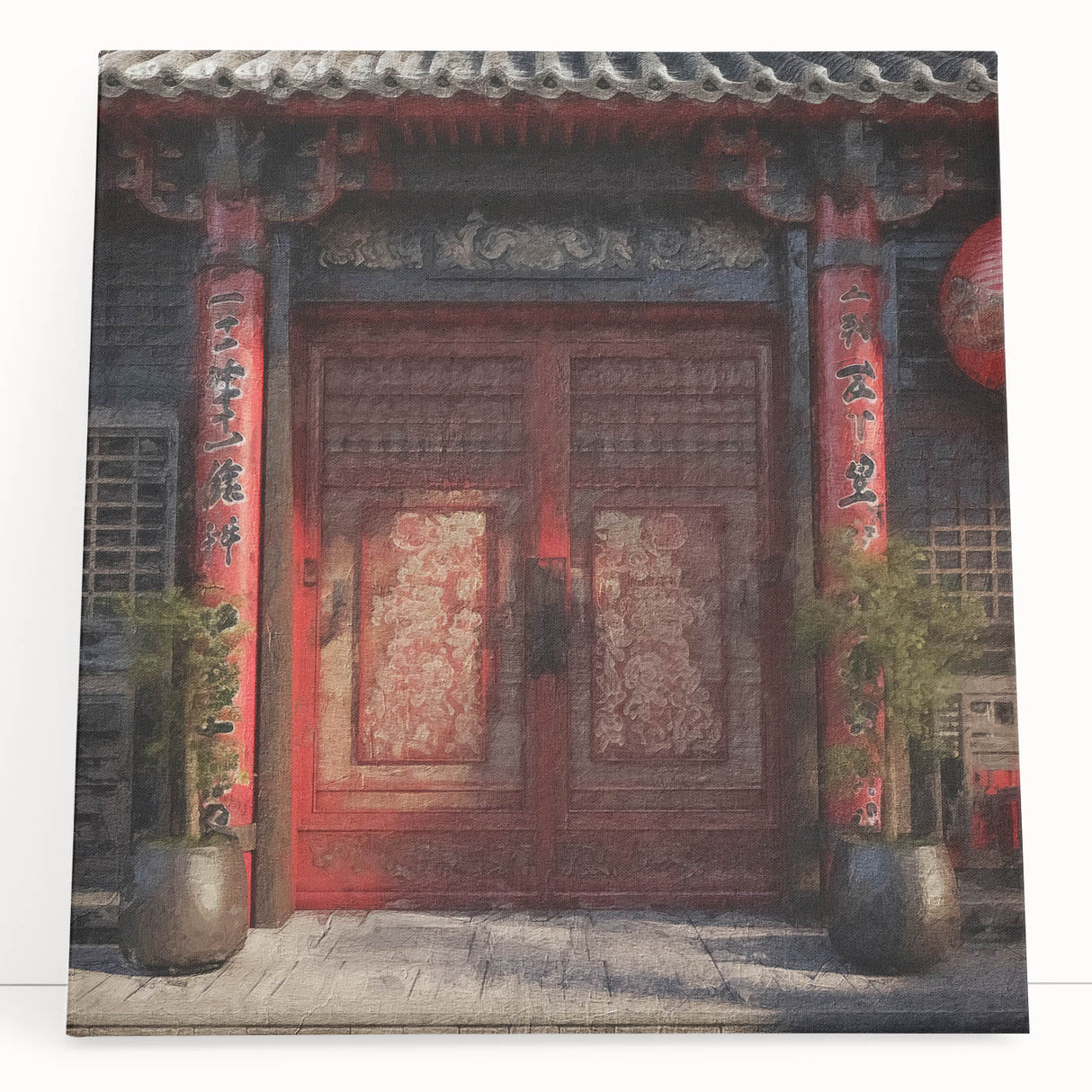 Black and white photo of a Japanese door on stretched canvas, ideal for kitchen wall art or bedroom ambiance.