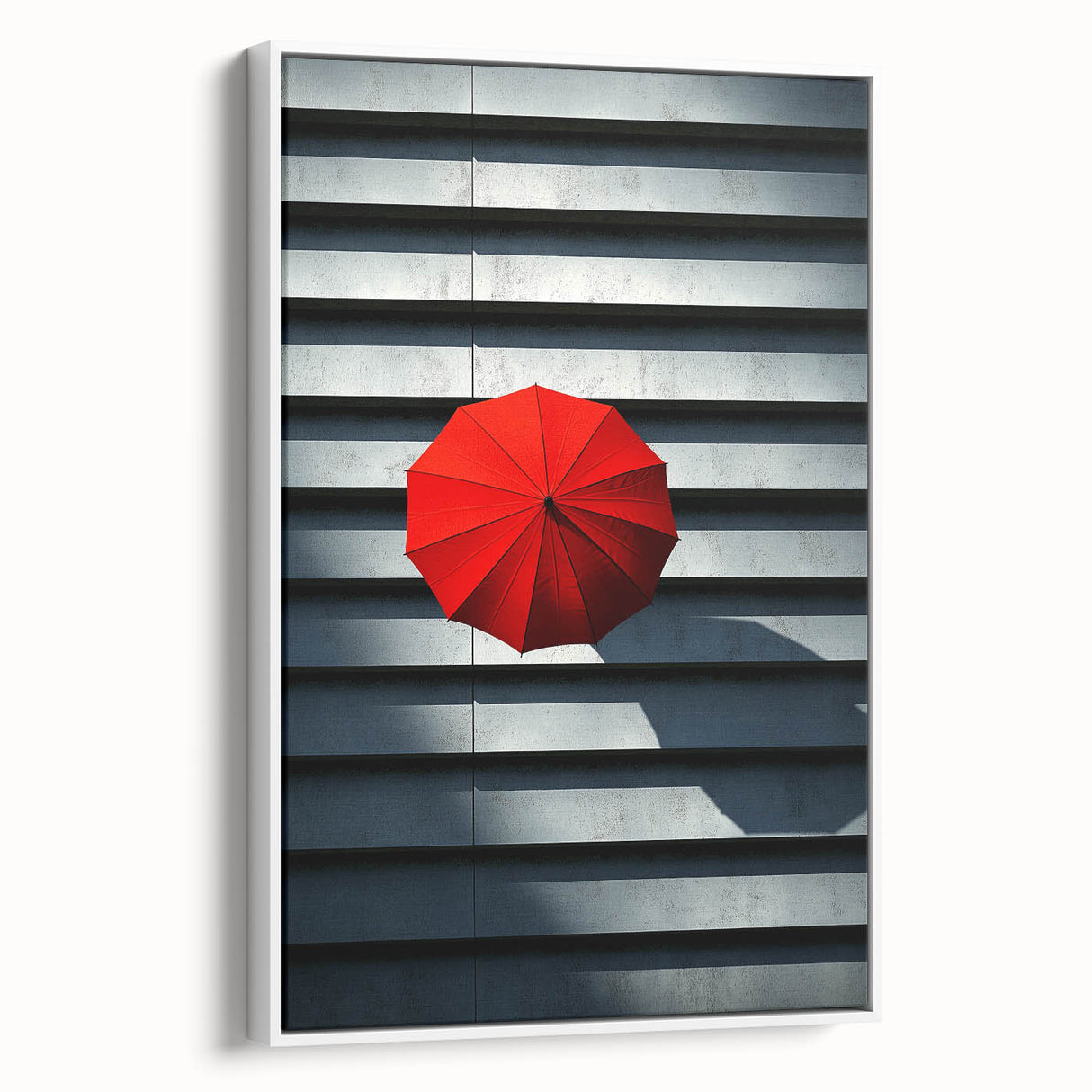 Vintage poster art of an architectural design in black with colorful accents on a white framed canvas.