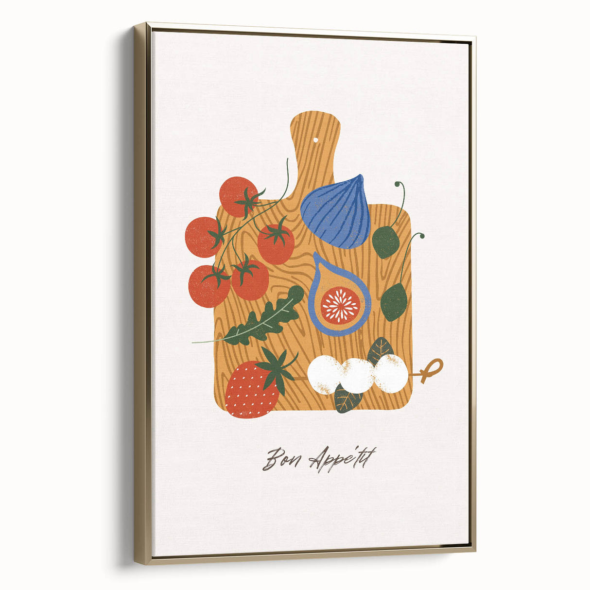 Framed canvas wall art featuring a vintage poster of assorted fruits in a landscape layout.