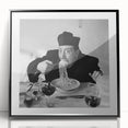 Large art print of people dining in a cafe, in mid-century modernist style, with muted earth tones on framed acrylic.