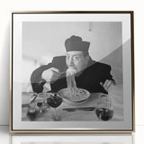 Mid-century modernist art featuring a stylized representation of people dining, in gold and black tones on acrylic.