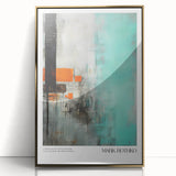 Large art print of a mid-century modernist style with abstract blocks in red and orange on acrylic, framed in gold.