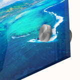 Large abstract wall art depicting a Mauritian landscape in muted earth tones on acrylic glass.