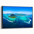 Framed canvas featuring a black and white vintage landscape of Mauritius, ideal for bedroom decor.