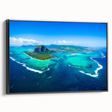 Framed canvas featuring a black and white vintage landscape of Mauritius, ideal for bedroom decor.
