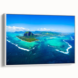Framed canvas depicting a vintage-style Mauritius landscape in muted earth tones, ideal for bedroom wall art.