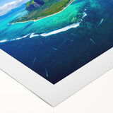 Art deco poster depicting a scenic Mauritius landscape in muted earth tones on rolled canvas, suited for dining room decor.