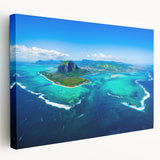 Large stretched canvas featuring a scenic view of Mauritius with vibrant blue and green tones, ideal for kitchen wall art.
