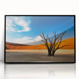 Large abstract wall art depicting a minimalist Namibian landscape in muted earth tones on a framed acrylic canvas.