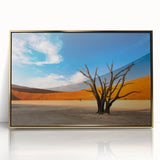 Mid-century modernist art depicting the Namibian desert in warm earth tones, framed acrylic, ideal for modern art wall decor.