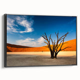 Black and white framed canvas of Namibian landscape, ideal for bedroom wall art.